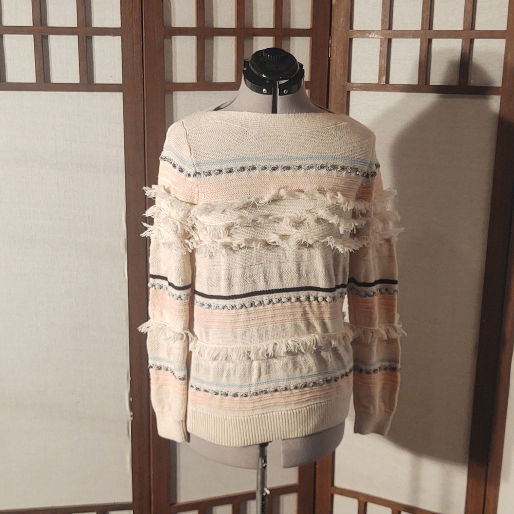LOFT Fringe Striped White Sweater Sz M